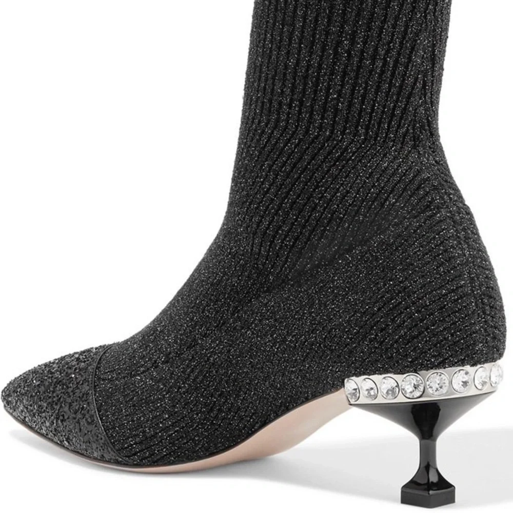 Miu Miu Black Glitter Sock Ankle Boots with Jeweled Heel